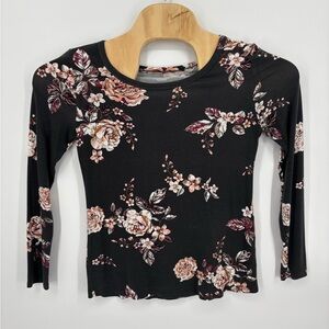 Maurices Black Floral Long Sleeve Top Small Rayon Spandex Stretch Soft Casual